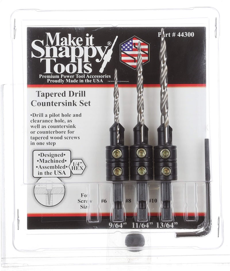 Make it Snappy Tools 44300 New 3-Piece Hex Shank Countersinks Set For #6/#8/#10 Wood Screws, Reusable, Use With Round Shank Tapered Twist Drills, 1.8-Inch Hex Key, 1/4-Inch Hex Power Bit Shank - Image 2